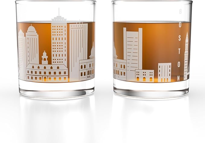 Greenline Goods – Boston, MA Skyline Whiskey Glasses (Set of 2), 10 oz – Rocks/Old Fashioned Tumblers