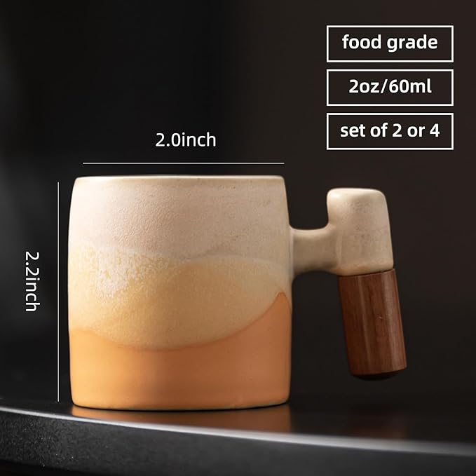 2-Oz Ceramic Espresso Cups with Wood Handle, 2/4-Piece Set for Coffee, Tea, Latte - Dishwasher Safe, Multi-Color & Wood Styles, Gift & Café Use (Kiln turning yellow, Wooden Handle2)