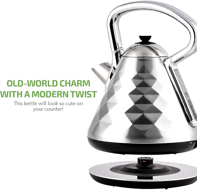 OVENTE Retro Electric Kettle, 1.7L Stainless Steel Tea Kettle, 1500W Fast Heating Hot Water Boiler with LED Indicator Light, Auto Shut-Off & Boil-Dry Protection, BPA-Free Teapot, Silver KS755BR