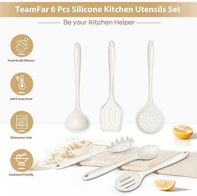 TeamFar Silicone Cooking Utensils Set, Kitchen Utensils Set of 6 for Non-stick Cookware, for Cooking/Turning/Stirring/Mixing, Healthy & One-Piece, Heat Resistant & Non-Scratch, Dishwasher Safe, White