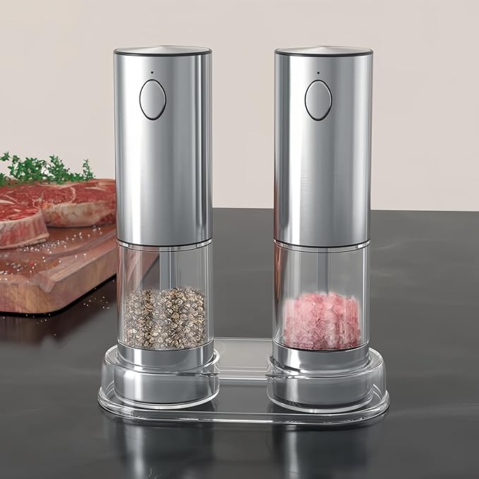 Electric salt and pepper grinder set with LED light. With USB port. Stainless steel automatic refillable 5 adjustable coarseness grinder