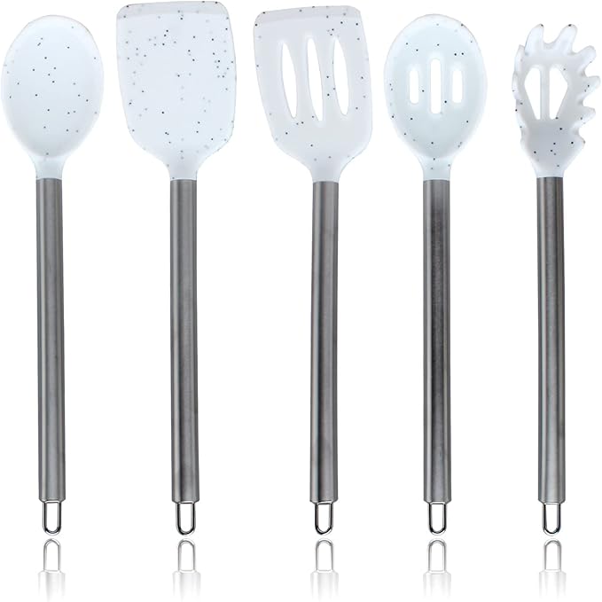 COOK WITH COLOR Silicone Cooking Utensils, Kitchen Utensil Set, Easy to Clean Silicone Kitchen Utensils, Cooking Utensils for Nonstick Cookware, Kitchen Gadgets Set, 5 Pieces, Speckled White