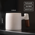 2-Oz Ceramic Espresso Cups with Wood Handle, 2/4-Piece Set for Coffee, Tea, Latte - Dishwasher Safe, Multi-Color & Wood Styles, Gift & Café Use (white, Wooden Handle2)