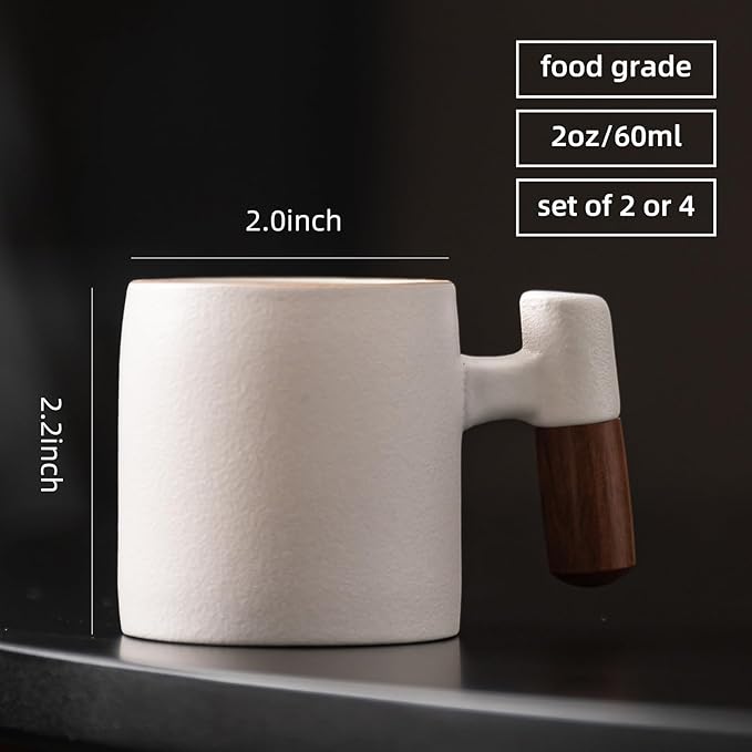2-Oz Ceramic Espresso Cups with Wood Handle, 2/4-Piece Set for Coffee, Tea, Latte - Dishwasher Safe, Multi-Color & Wood Styles, Gift & Café Use (white, Wooden Handle2)