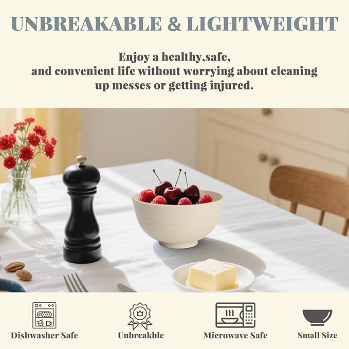 Homienly 10 OZ Dessert Bowls Wheat Straw Small Bowls Reusable Kids Bowl Mini Bowl for Ice Cream, Side Dishes, Fruit, Snack, Portion Control Unbreakable Lightweight Bowl Set, Microwave Safe (Beige)