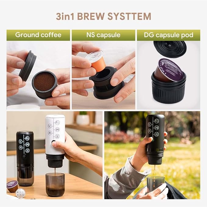 Portable Espresso Machine Mini 12V Rechargeable 3-in-1 Multi-Function Electric Coffee Machine One Key Extraction Compatible with NS & DG Capsules and Ground Coffee for Office Home (White)