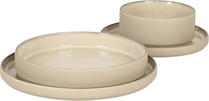 Gibson Elite Liberty Bay 16-Piece Pottery Clay Stoneware Dinnerware Set – Taupe Reactive Glaze, Stackable Plates and Bowls W/Pasta Bowl, Service for 4 – Microwave & Dishwasher Safe