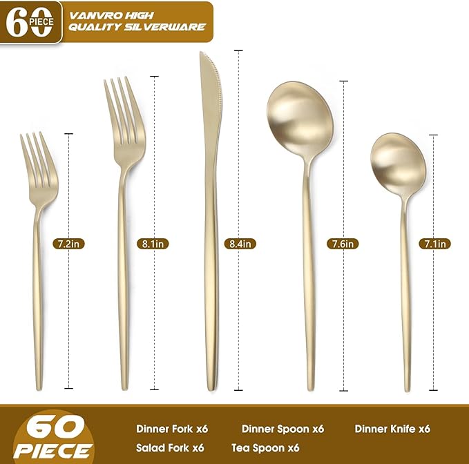 Champagne Gold Silverware Set, 60-Piece Stainless Steel Flatware set,Matte Silverware Sets Service for 12, Tableware Cutlery Satin Finish Utensils for Kitchen,Dishwasher Safe
