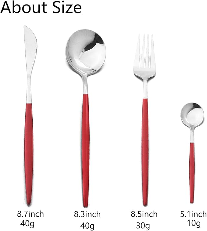 JASHII Flatware Serving Set 24 Piece, Stainless Steel Silverware Set, Red Silver Cutlery Set, Modern Elegant Tableware Set for Party, Christmas, Dinner (Red Silver)