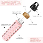 MUKOKO 24oz Glass Water Bottle with 2 Lids-Handle Flip Lid&Bamboo Straw Lid,Motivational Water Tumbler with Time Marker Reminder and Silicone Sleeve, Leakproof-Pink