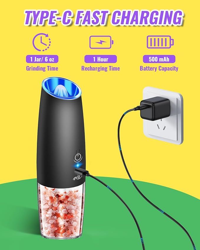 Rongyuxuan Upgraded Rechargeable Gravity Electric Salt and Pepper Grinder Set with LED lights,Stainless Steel Automatic Pepper or Salt Grinder Mill Shaker Refillable with Adjustable Coarseness,Black
