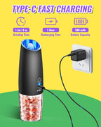 Rongyuxuan Upgraded Rechargeable Gravity Electric Salt and Pepper Grinder Set with LED lights,Stainless Steel Automatic Pepper or Salt Grinder Mill Shaker Refillable with Adjustable Coarseness,Black