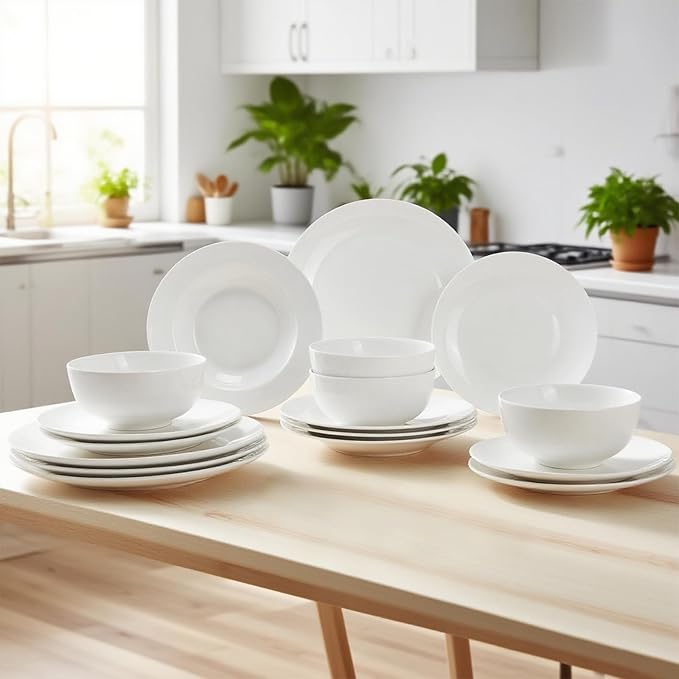 16-Piece Dinnerware Set for 4, White Porcelain Plates and Bowls, Chip Resistant Dishwasher Safe for Family Dining and Daily Use