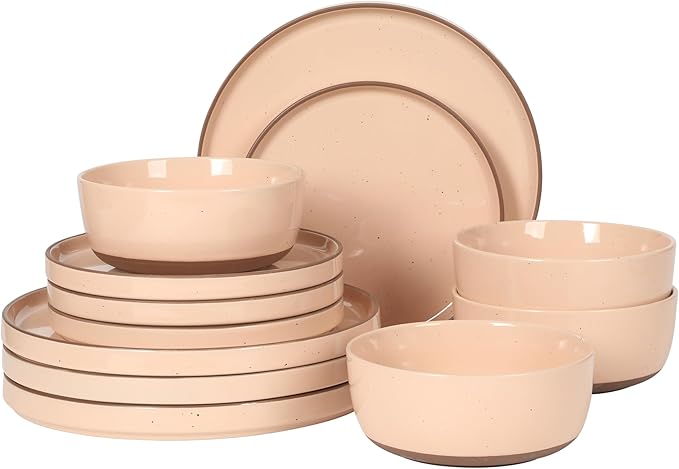 Gibson Elite Northrock Stoneware Dinnerware Set, 16-Piece Service for 4 Plates and Bowls Set – Pink Dishes with Hand-Painted Terracotta Base