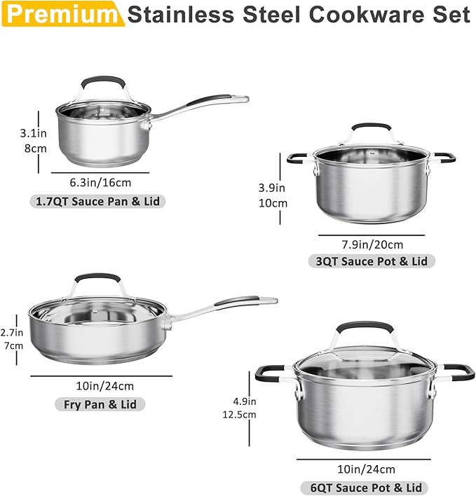 Stainless Steel Pots and Pans Set, 8 Pcs Non Toxic Cookware Set 5 Ply Base, Kitchen Pots Set, Induction Pans Set, Non Toxic 18/8 Dishwasher Safe
