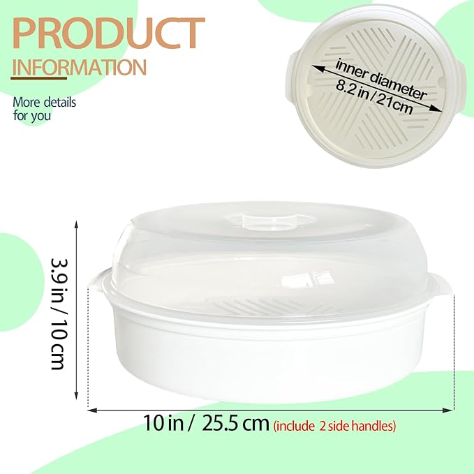 Microwave Steamer for Vegetables, Plastic Microwave Vegetable Steamer with Lid for Vegetables Prep Seafood Fish Cooking, White-Round, 10Inch