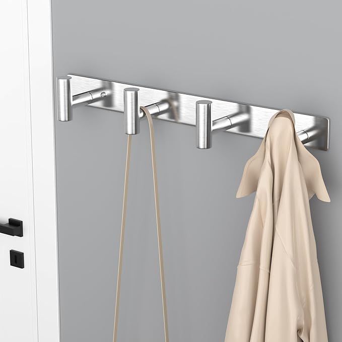 VAEHOLD Silver Hat and Coat Wall Mount Rack - Coat Rack with 4 Hooks for Robes, Bags, Keys, and Towels - Bathroom Towel Hanger Organizer (2 Pack)