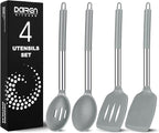 Pack of 4 Large Silicone Cooking Spatulas and Spoons, Slotted and Solid Stainless Steel Cooking Utensils Set, Non-stick Heat Resistant Kitchen for Baking, Fried, Stir-Fry, Mixing, Serving (Grey)