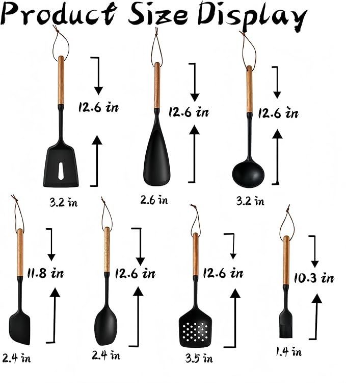 Premium Silicone Cooking Utensils Set - Non-Toxic, Heat-Resistant Kitchen Utensils Set with Food-Grade Silicone & Wood Handles - Includes Spatula & Spoon for Non-Stick Cookware, Black