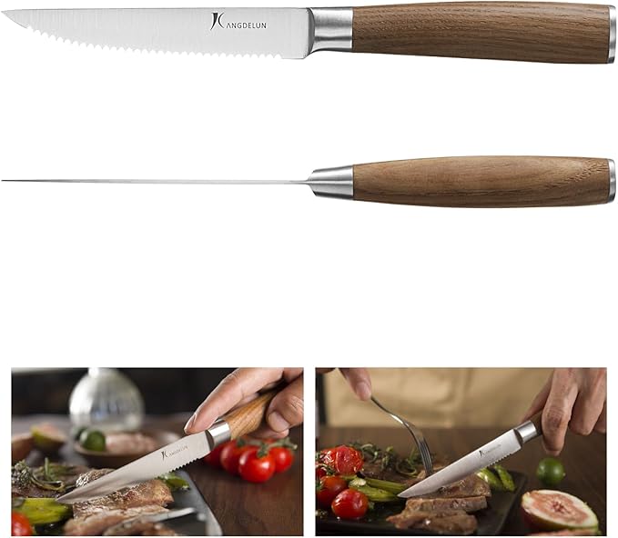 Natura Series 4.5” Serrated Steak Knife Set of 8, High Carbon Stainless Steel, Wooden Handle