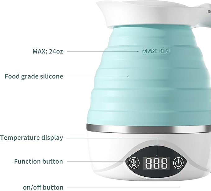 Collapsible Travel Kettle Electric Portable Foldable Kettle for Boiling Water, Suitable for 110V & 220V Dual Voltage, for Tea & Coffee, 850W Small Mini BPA-free Silicone Blue electric kettle