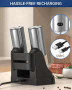 CIRCLE JOY 2-Speed Electric Salt and Pepper Grinder Set Rechargeable Stainless Steel Pepper Mills with Charging Base, LED Light and External Adjustable Coarseness for Hygienic Easy Use