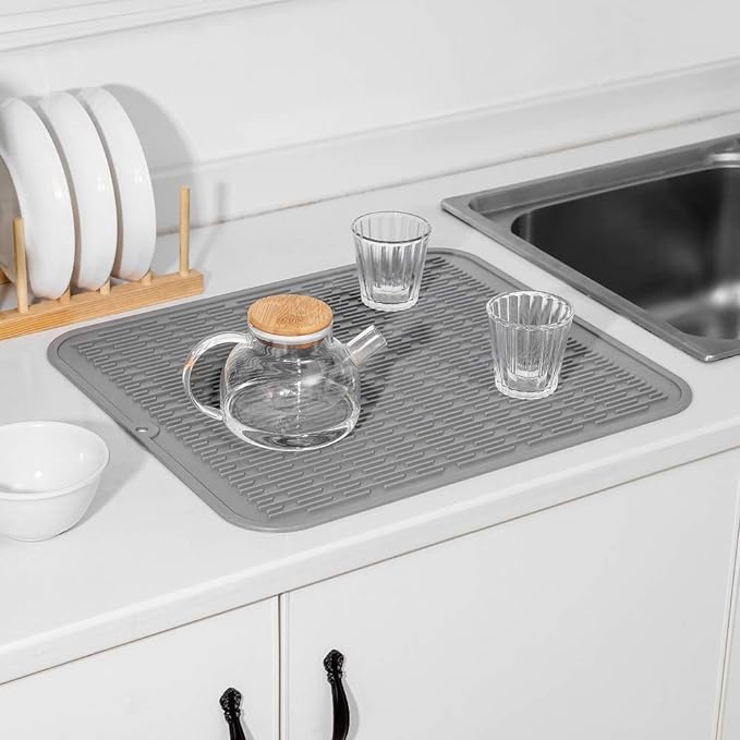 Silicone Dish Drying Mat for Multiple Usage,Easy clean,Eco-friendly,Heat-resistant Silicone Mat for Kitchen Counter or Sink,Refrigerator or Drawer Liner Grey XL 18 inches x 16 inches