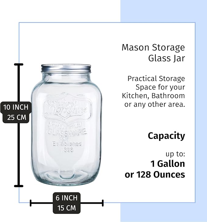 Diamond Star 1 Gallons Mason Jar with Brushed Tin Lid, Large Glass Wide Mouth Canning Food Storage Containers for Kitchen Canning Cereal, Pasta, Sugar, Beans, Spice, Preserves, Dog Treat