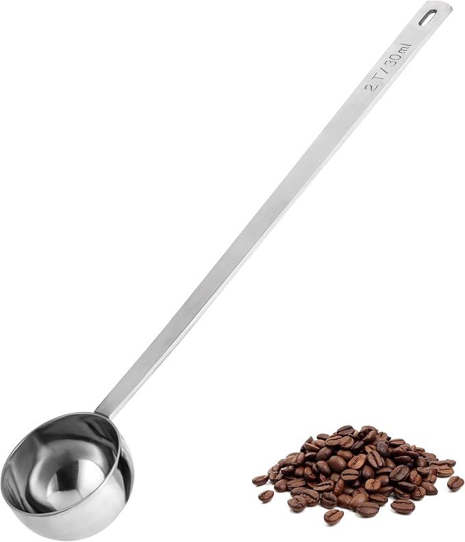 U-Taste Coffee Scoop 2 Tablespoon: 18/8 Stainless Steel Measuring Scooper for Ground Coffee, Bean, Powder, Espresso, 8.5in Extra Long Handle Metal Meaure Spoon for Canister, Jar (2Tbsp/30ml, Silver)