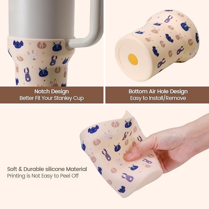 Silicone Boot for Stanley, Cute Print Protector Sleeve for Stanley Quencher H2.0 FlowState Tumbler 40oz / Adventure Quencher Tumbler 40oz Cup Accessories (Light Pink)