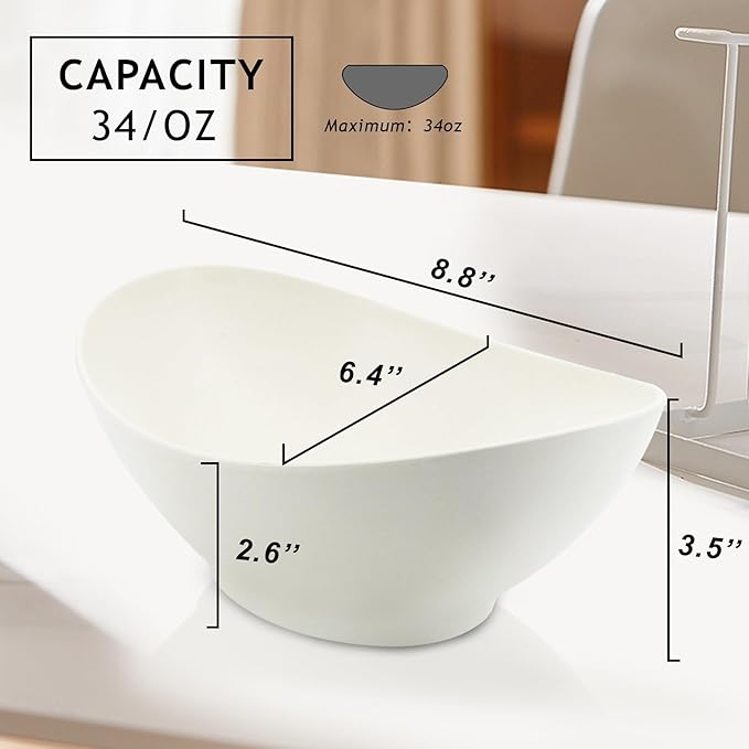 JOYMAY Oval Salad Bowls Set, 34oz Serving Bowls for Kitchen 8.8" Large Bowls for Soup, Oatmeal, Pasta, Snacks, Deep Soup Bowls Set for Salad, Fruit, Vegetable, Ramen, 6PC (White)