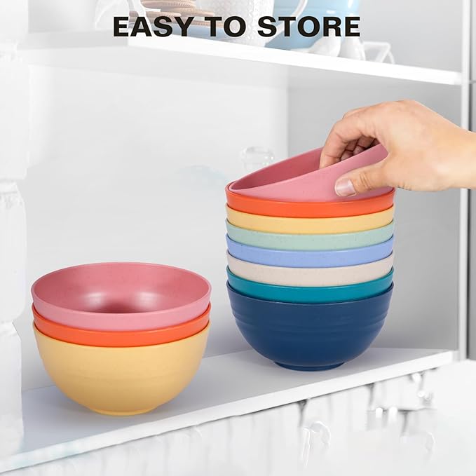 Cereal Bowls, 26 Oz Unbreakable Plastic Cereal Wheat Straw Bowl Sets of 8, Lightweight Microwave Dishwasher Safe Reusable BPA-Free for Kitchen Soup Salad Noodle Desert, Multicolor