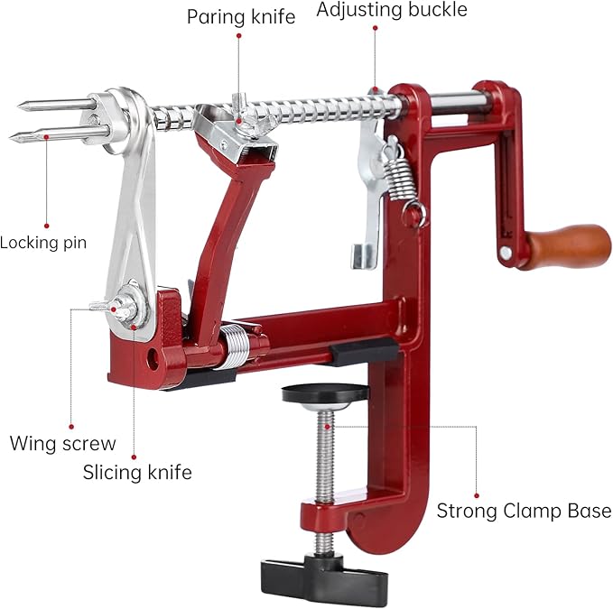 Apple Peeler Corer, Long lasting Chrome Cast Magnesium Alloy Apple Peeler Slicer Corer with Stainless Steel Blades and Powerful Clamp Base for Apples and Potato(Deep Red)