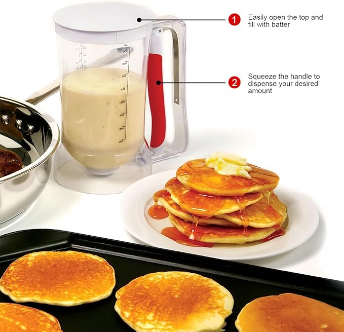 Pancake Batter Dispenser with Squeeze Handle for Precise Portion Control, Clear Measuring 4 Cup Batter Separator for Cookie Cake Waffles Muffin with 4 Egg Ring Molds