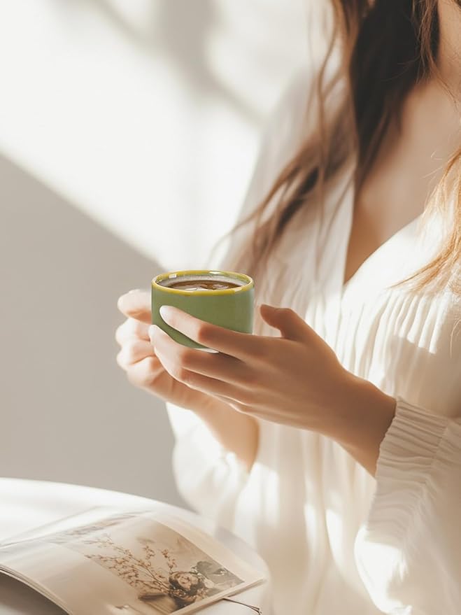 INGOFIN Ceramic Espresso Cup Set of 4-4.2 oz Espresso Cup for Coffee and Tea, Modern Porcelain Glazed Demitasse Cups, Microwave Dishwasher Safe Mugs, Suit for Espresso Machine, Green