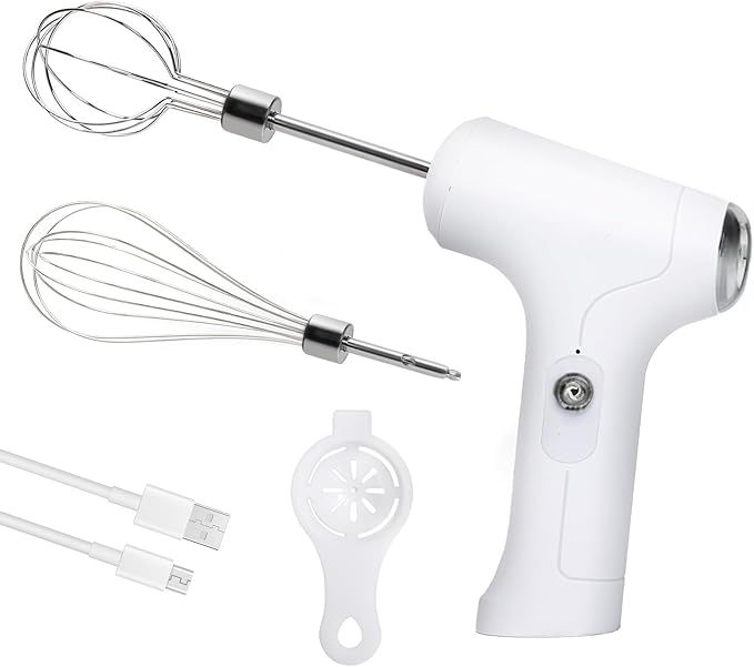 Cordless Hand Mixer, Handheld Electric Whisk with 3 Speed Modes, Hand Held Egg Beater with 2 Detachable Stir Whisks (White Silver)