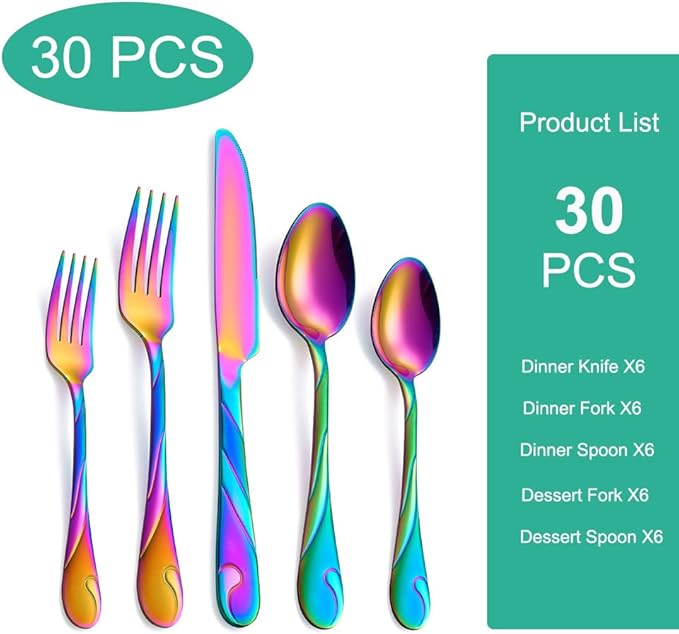 Rainbow Silverware Set for 6, 30-Piece Stainless Steel Flatware Set, Shiny Rainbow Metal Cutlery Set, Include Fork, Knife and Spoon Set, Dishwasher Safe