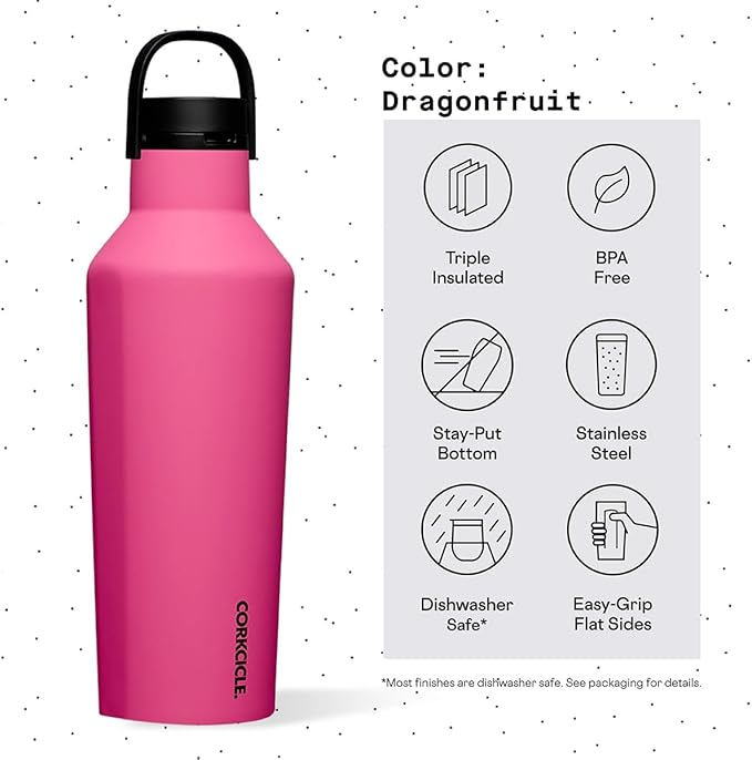 Corkcicle Sport Canteen - Keeps Drinks Cold 25 Hours - Stainless Steel Water Bottle - Triple-Insulated - Spill-Proof - Summer Drinkware Gift - Keeps Drinks Ice Cold - 32 oz - Dragonfruit