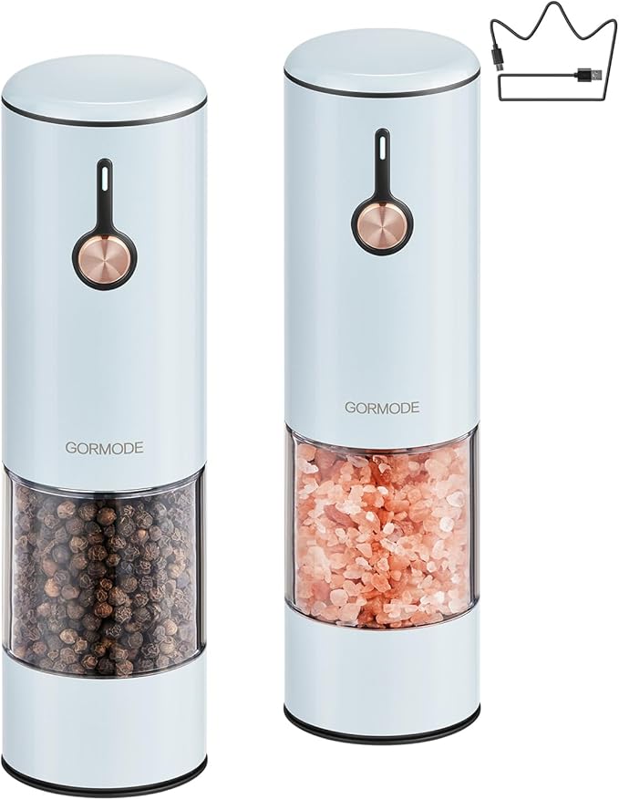 Electric Pepper Grinder and Salt Mill Set - Large Capacity USB Rechargeable Automatic Grinder with Dual LED Lights, One-Handed Operation & Slide Cover - Brushed Stainless Steel