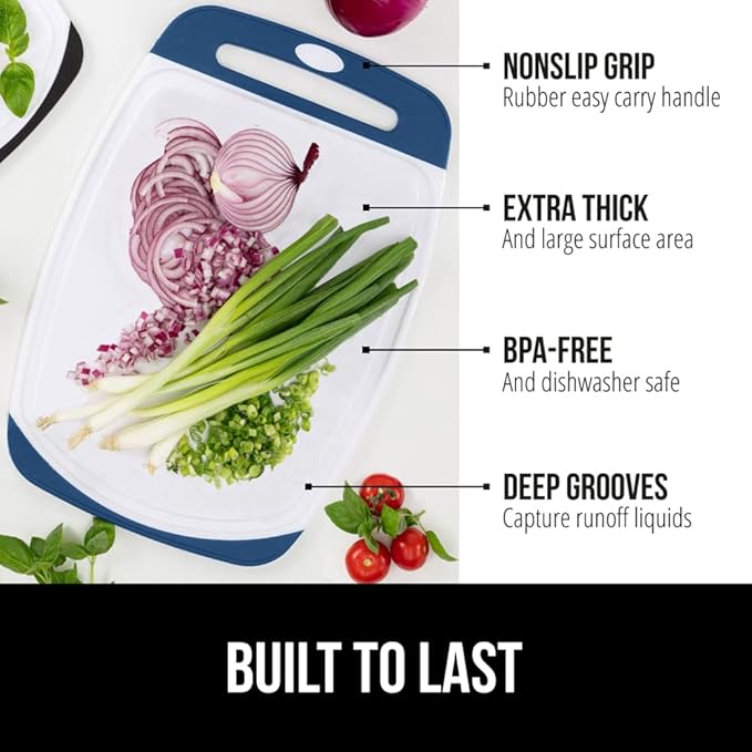 GORILLA GRIP BPA-Free Reversible Kitchen Cutting Board Set of 3, US Designed, Nonporous, Juice Grooves Catch Liquid, Slip Resistant Border, Dishwasher Safe, Durable Large Food Chopping Boards, Blue
