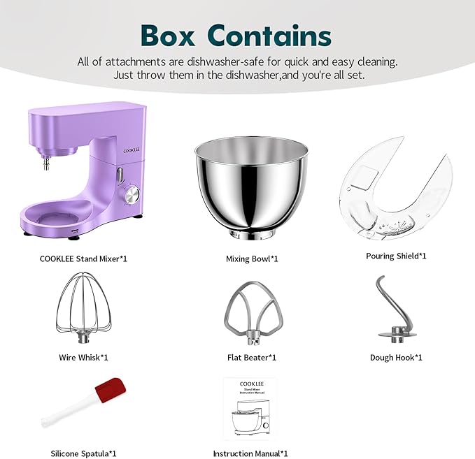 COOKLEE Stand Mixer, 9.5 Qt. 660W Electric Kitchen Mixer with Dishwasher-Safe Dough Hooks, Flat Beaters, Wire Whip & Pouring Shield Attachments for Most Home Cooks, Lavender