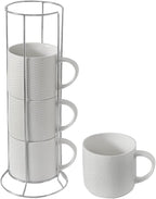 Hasense Coffee Mugs Set of 4 with Stand, 15 oz Porcelain Stackable Coffee Cups Set with handle for Tea, Latte, Milk and Cappuccino, White Embossed Tea Cups Set with Geometric Pattern for Men and Women
