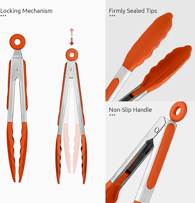 600ºF Heat Resistant Kitchen Tong: U-Taste 7 inch Silicone Cooking Tong with Firm Sealed Non Stick Rubber Tips & Silicon Coated 18/8 Stainless Steel Handle & Smooth Locking for Serving Salad (Orange)