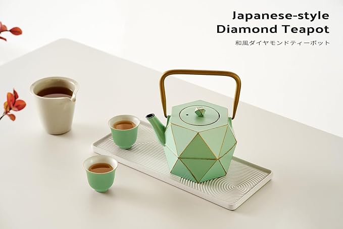 Toptier Cast Iron Teapot, Stovetop Safe Japanese Cast Iron Tea Kettle, Diamond Design Tea Pot with Removable Infuser for Loose Tea, 30 Ounce (900 ml), Light Green