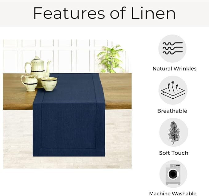 D'Moksha Homes Linen Navy Blue Table Runner 144 Inches Long - 100% Pure Linen Extra Long Table Runner 14 x 144 Inch for Summer, Fall and Halloween - Classic Hemstitch