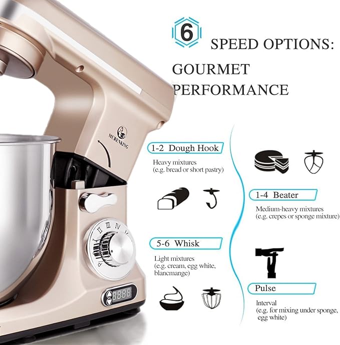 Professional Stand Mixer, 6-Qt with Timer, MK37 500W 6-Speed Tilt-Head Food Electric Mixer Kitchen Machine,Plastic (Champagne)