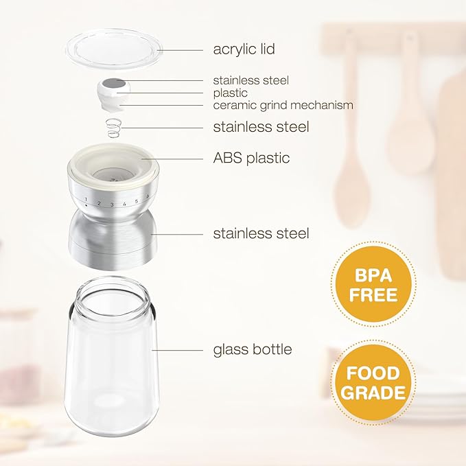 Vucchini Pepper Grinder Salt Grinder Manual - External Adjustable Coarseness with 6 Settings Stainless Steel Spice Grinder Mill Ceramic Burr Large Capacity 9 oz Ideal for Kitchen