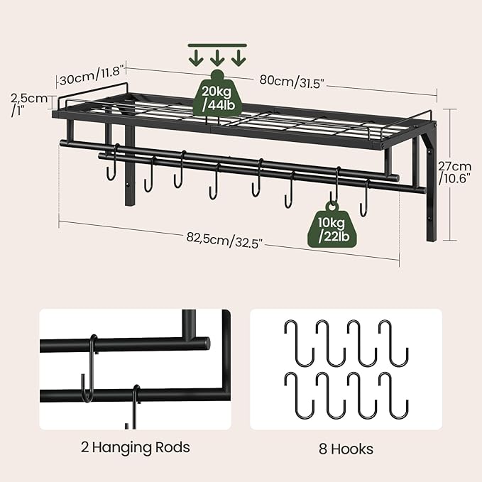 Hanging Pot Rack, Wall-Mounted Pot Rack, Kitchen Cookware Organizer, Metal Pot Rack Holder, for Cookware, Utensils Organization, Black TPR38BB