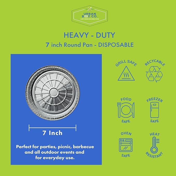 Urban Box Co. 7 inch Round Disposable Aluminum Foil Pans (50 Pack) - Ideal for food storage, baking, Grilling, Cooking, Catering, Prepping (50, No Lid)