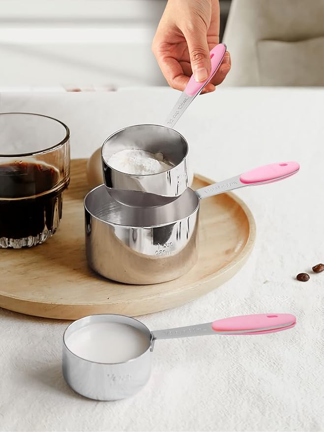 Joyhill Stainless Steel Measuring Cups and Spoons Set of 10 Piece, Nesting Metal Measuring Cups Set with Soft Touch Silicone Handles for Dry and Liquid Ingredients, Cooking & Baking (Pink)
